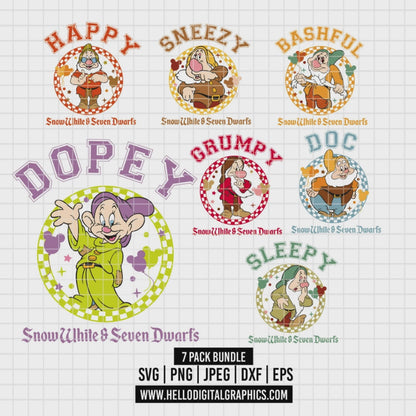 COD3198 - The seven dwarfs at Snow White pack bundle, Disney clipart Svg, Png, Eps, Dxf, Jpeg, vector.