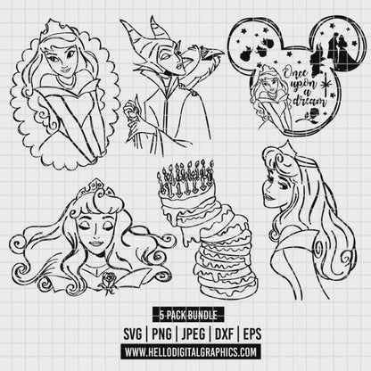 COD2127 - Sleeping Beauty pack bundle, Disney princess clipart Svg, Png, Eps, Dxf, Jpeg, vector.
