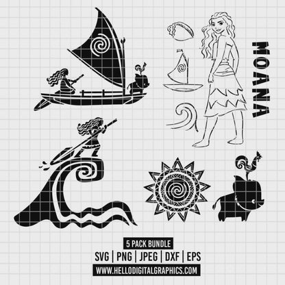 COD2743 - Moana icons & quotes pack bundle, Disney princess clipart Svg, Png, Eps, Dxf, Jpeg, vector.