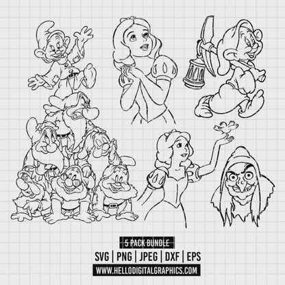 COD3537 - Snow White and the seven dwarfs pack bundle, Disney clipart Svg, Png, Eps, Dxf, Jpeg, vector.